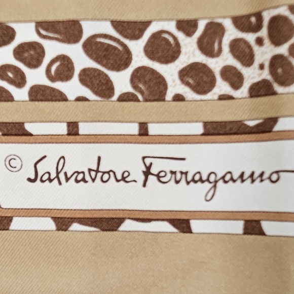 Vintage Ferragamo Silk Scarf Tan Floral Motif w/ Geometric Strips - Picture 2 of 4